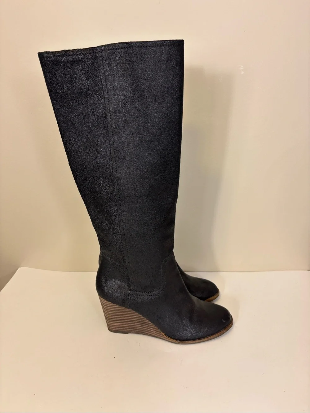 Lucky Brand Black Suede Shimmer Wedge Knee High Tall Boots 9.5